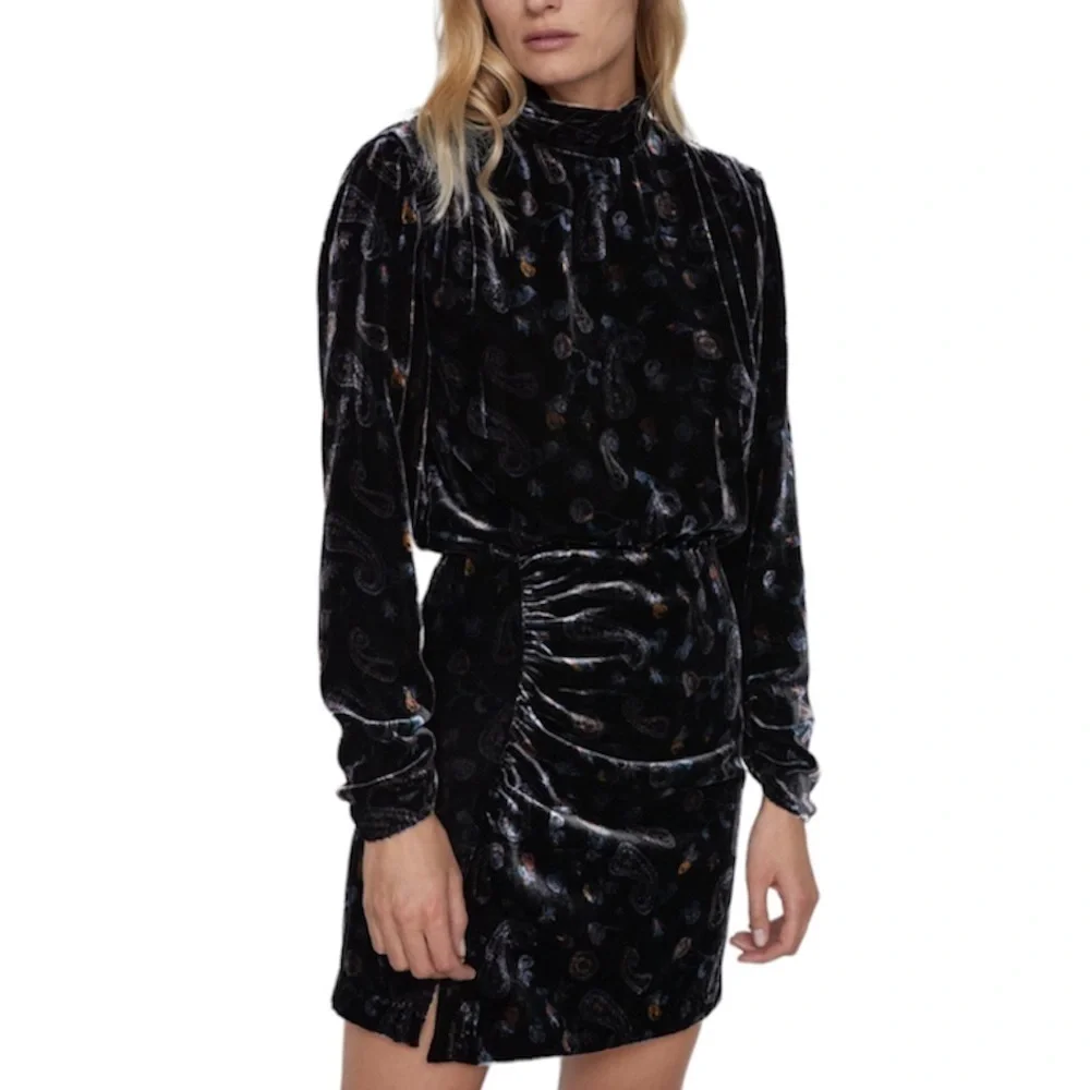 Zara- Black Velvet Paisley Longsleeve Mini Dress